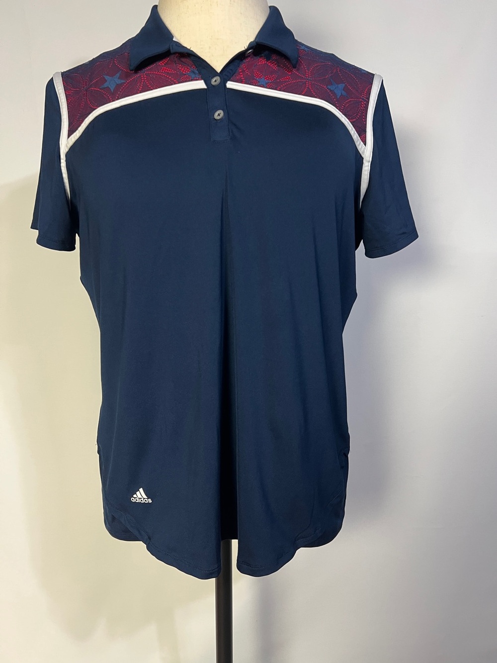 adidas USA Golf Navy Polo with Red Star Yoke and White Piping Trim